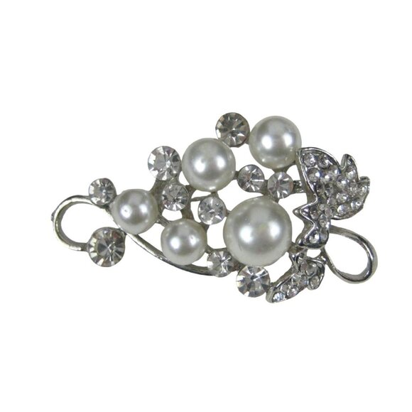 Karutora Grape Vine Brooch 1.9 inch Pin Jewelry Silvertone Imitation Pearl FLAW - Picture 1 of 7
